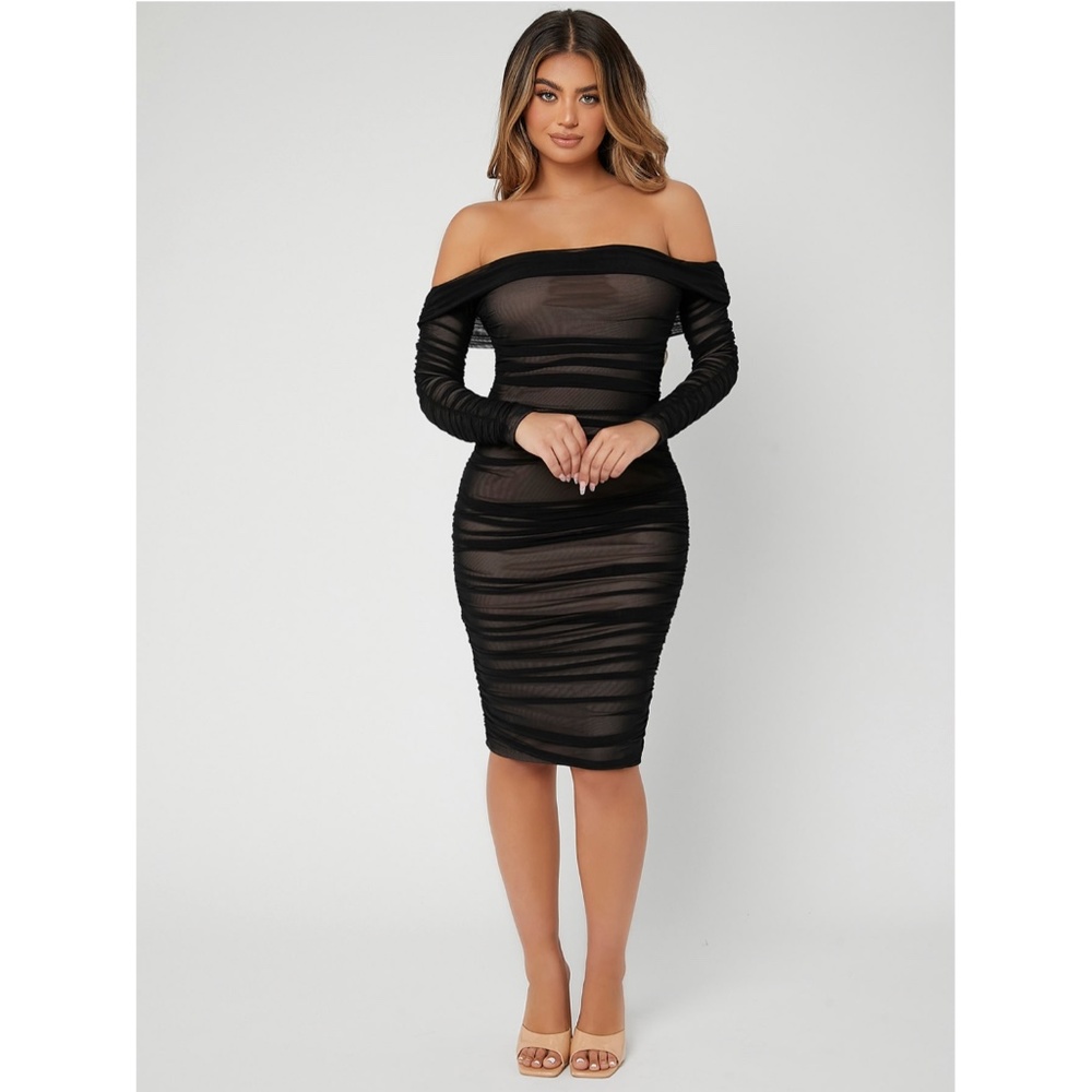Black Mesh Ruched Off Shoulder Dress